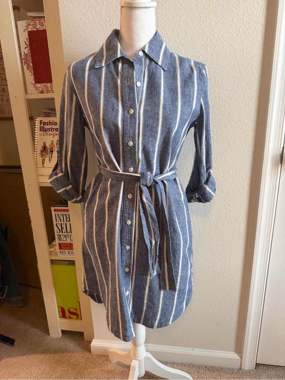 Banana Republic Striped Blue & White Button-Up Shirt Dress Petite Linen Cotton
